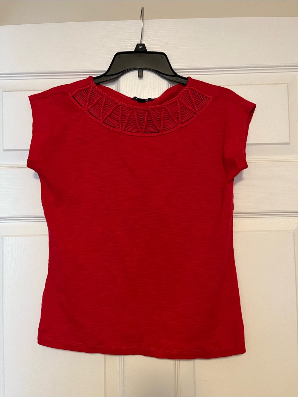 Chaps Red Short Sleeve Knit Top with Crochet Yoke